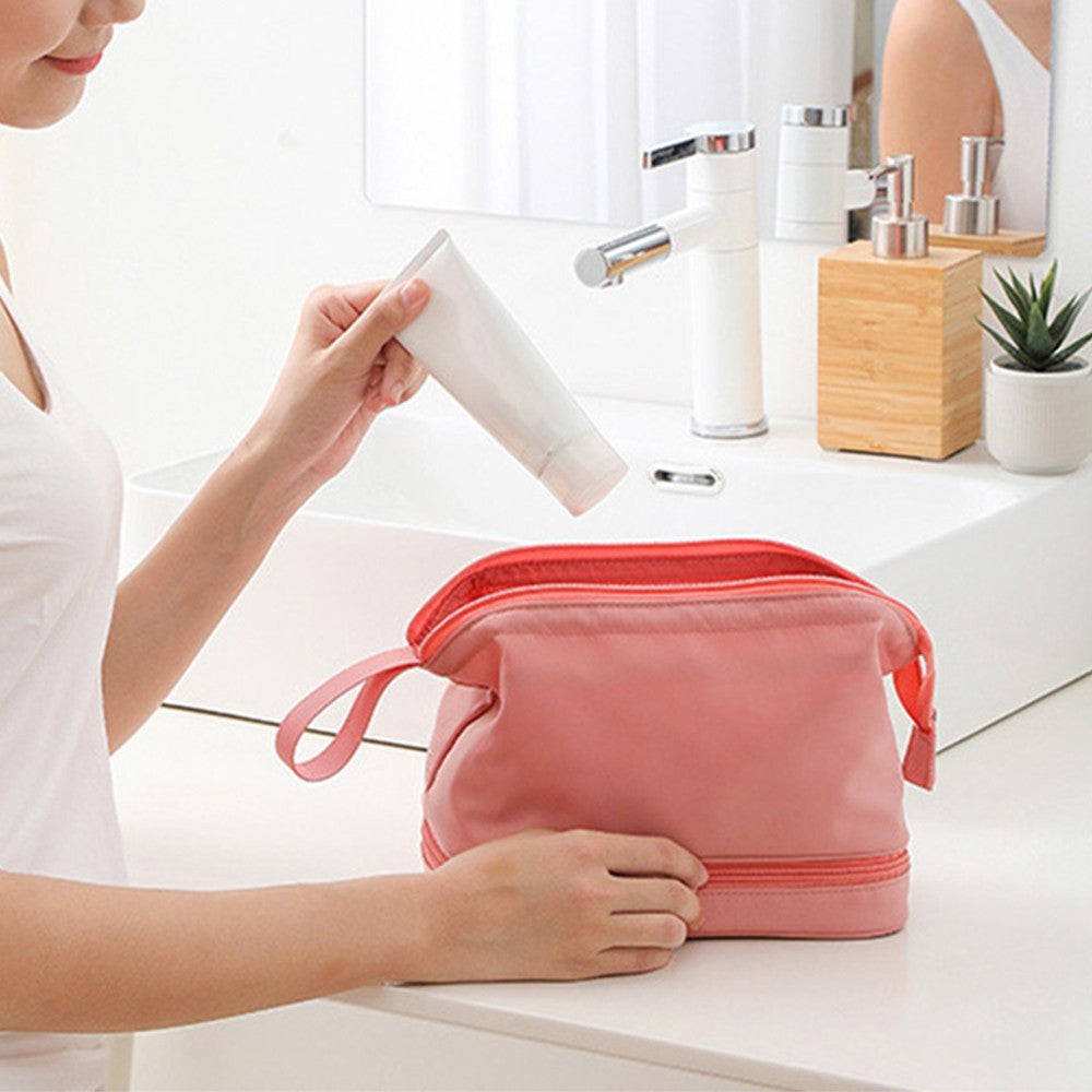Two Layers Makeup Storage Bag Pink Water Resistant Cosmetic Bag Travel Bag