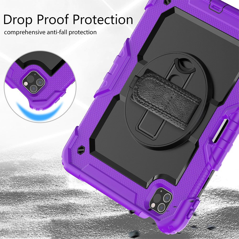 For iPad Shockproof Protective Case Stand with Screen Protector Shoulder Strap Purple