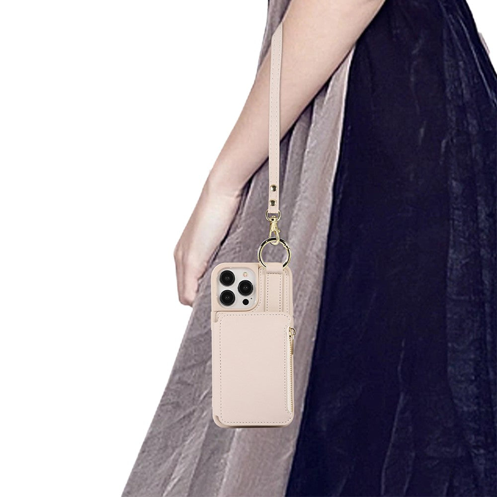 For iPhone 14 PU Leather Phone Case Crossbody Phone Cover Wallet Purse with RFID Blocking Card Holder Beige