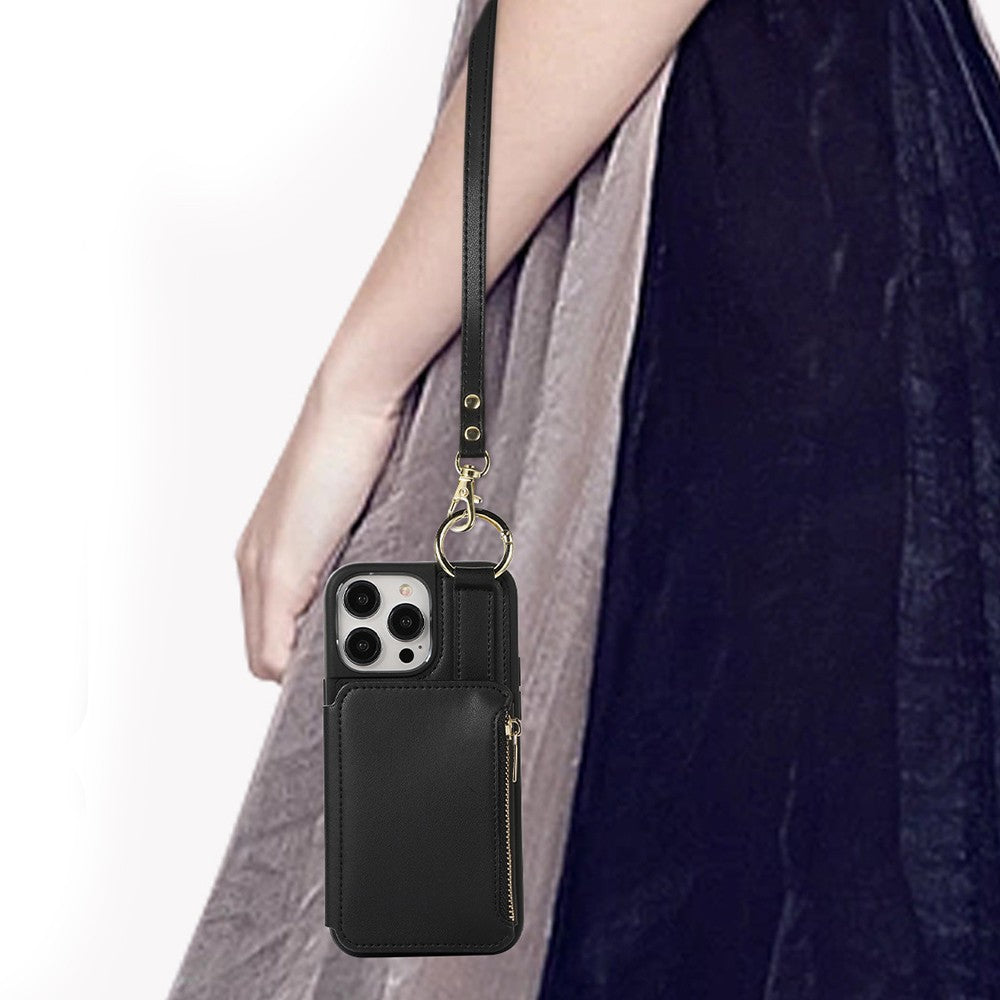 For iPhone 14 PU Leather Phone Case Crossbody Phone Cover Wallet Purse with RFID Blocking Card Holder Black