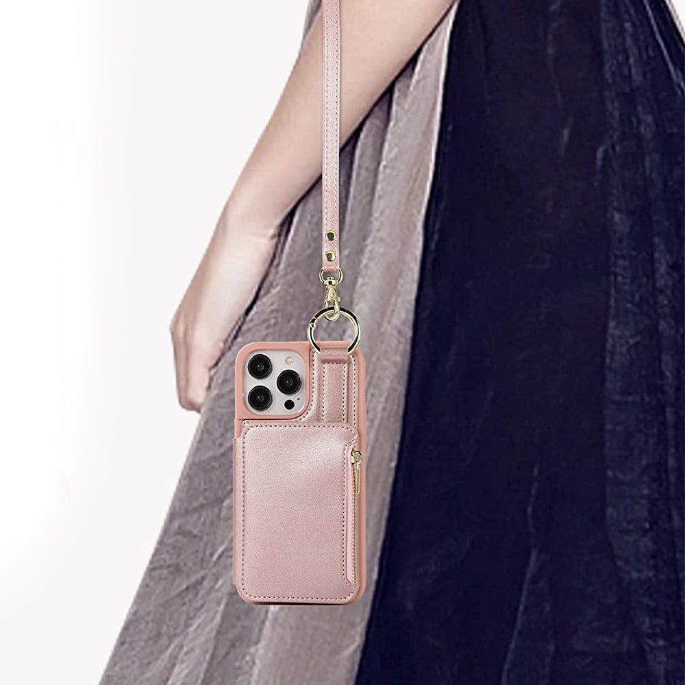 For iPhone 14 Pro PU Leather Phone Case Crossbody Phone Cover Wallet Purse with RFID Blocking Card Holder Rose Gold