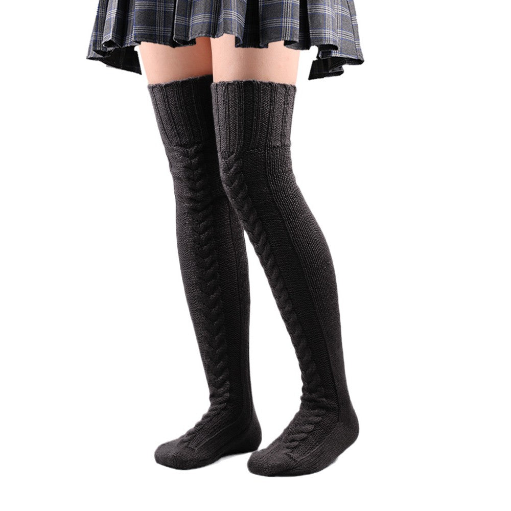 2 Pairs of 75cm Solid Over the Knee Knitted Socks Winter Long Socks Black and White