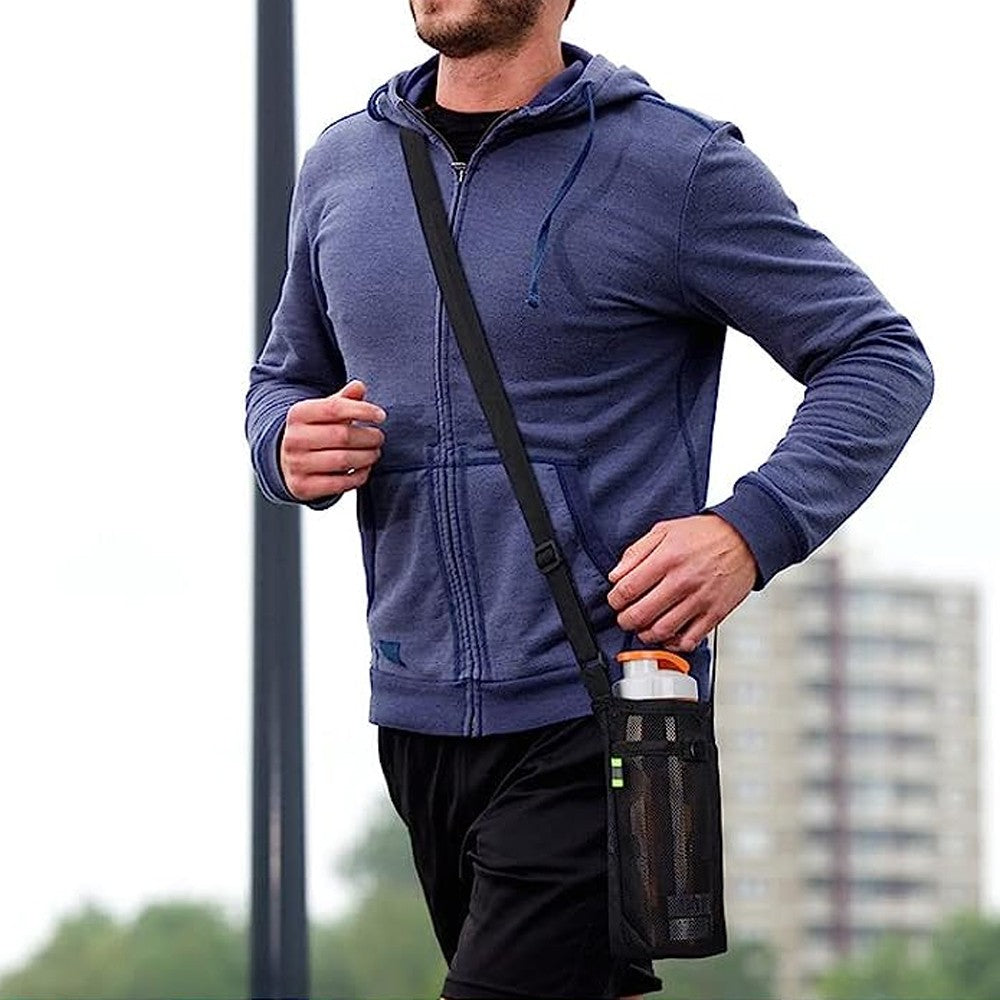 Portable Water Bottle Mesh Carrier Bag Water Bottle Holder with Adjustable Shoulder Strap Black