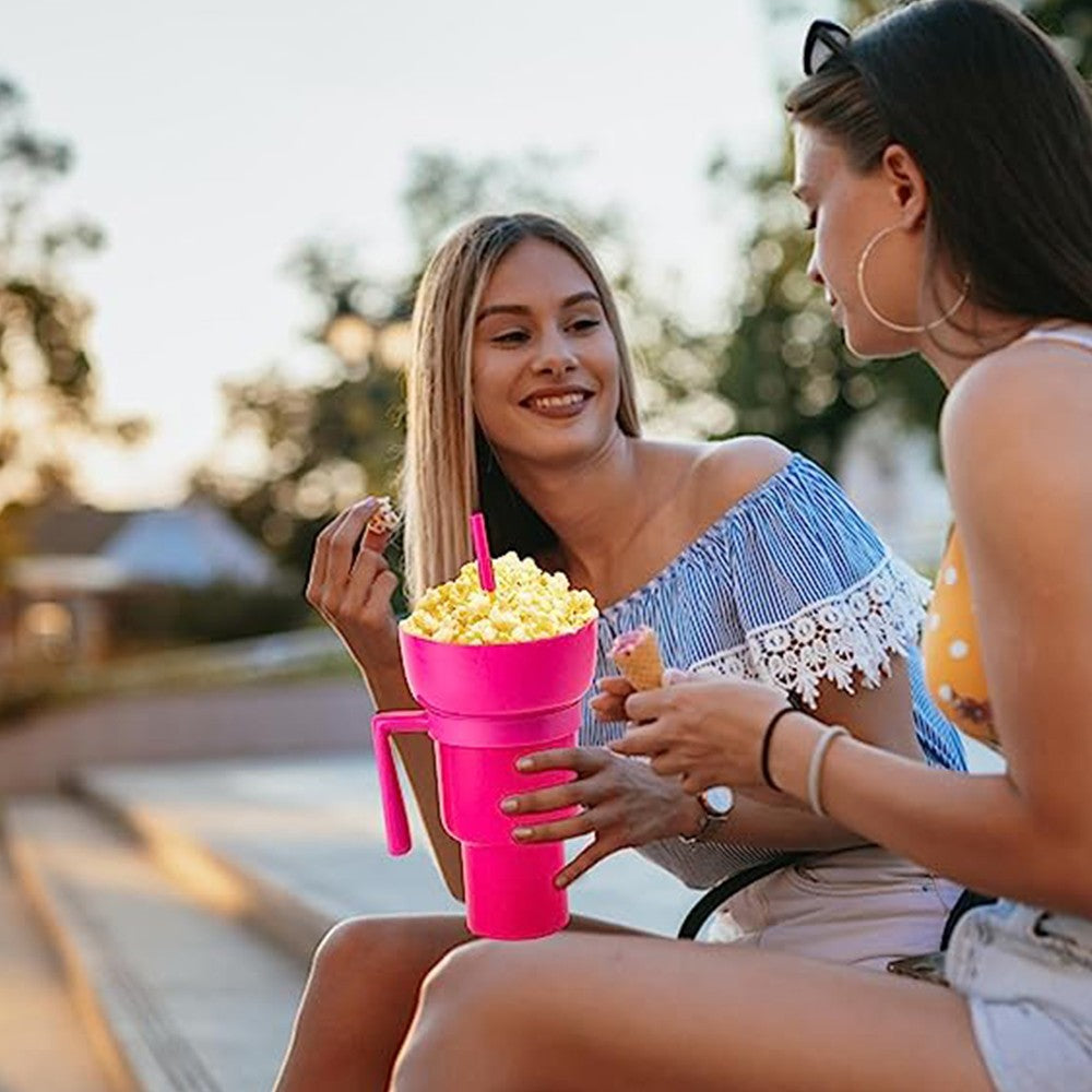 2-in-1 Snack and Drink Cup Snack Tumbler Reusable Stadium Tumbler with Straw Pink