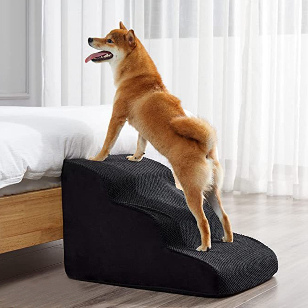 3 Steps Foam Dog Stairs Ramps Non-Slip Pet Steps Sofa Bed Ladder for Older Cats Dogs Black