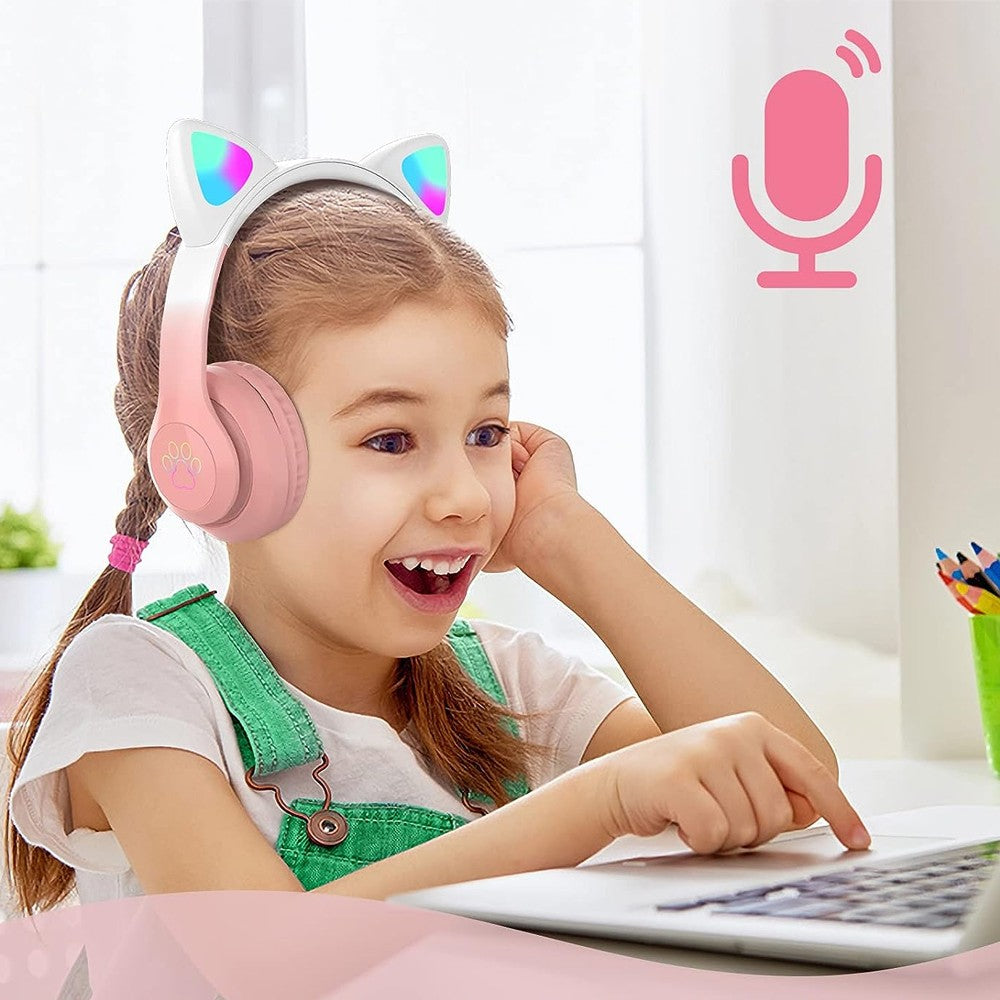 Kids Bluetooth 5.3 Headphone Cat Ear LED Light Up Wireless Stereo Headset Pink