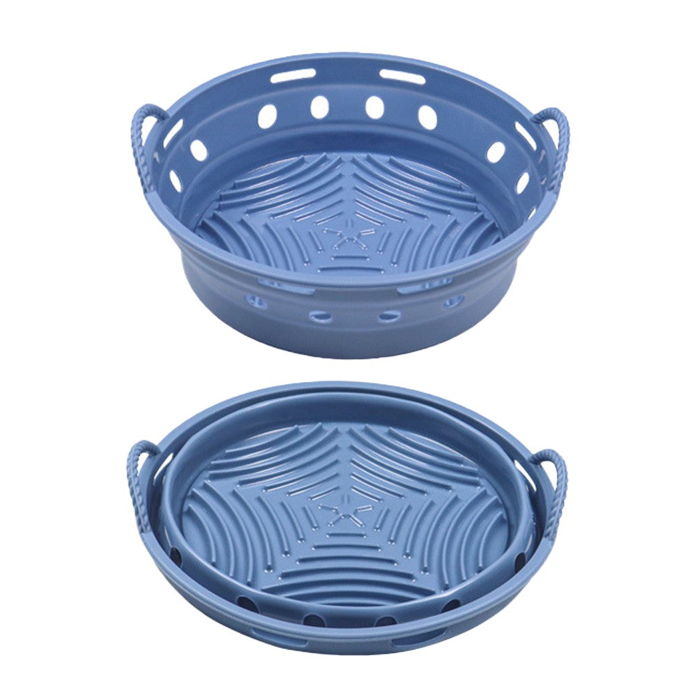 2Pcs Round Foldable Air Fryer Silicone Pot Reusable Air Fryer Liner Oven Baking Tray Pan - Blue+Green