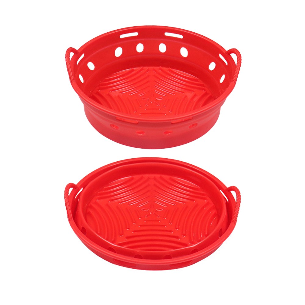 2Pcs Round Foldable Air Fryer Silicone Pot Reusable Air Fryer Liner Oven Baking Tray Pan - Grey+Red
