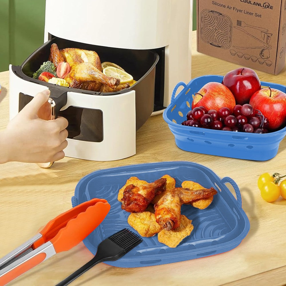 1Pc Square Foldable Air Fryer Silicone Pot Reusable Air Fryer Liner Oven Baking Tray Pan - Blue