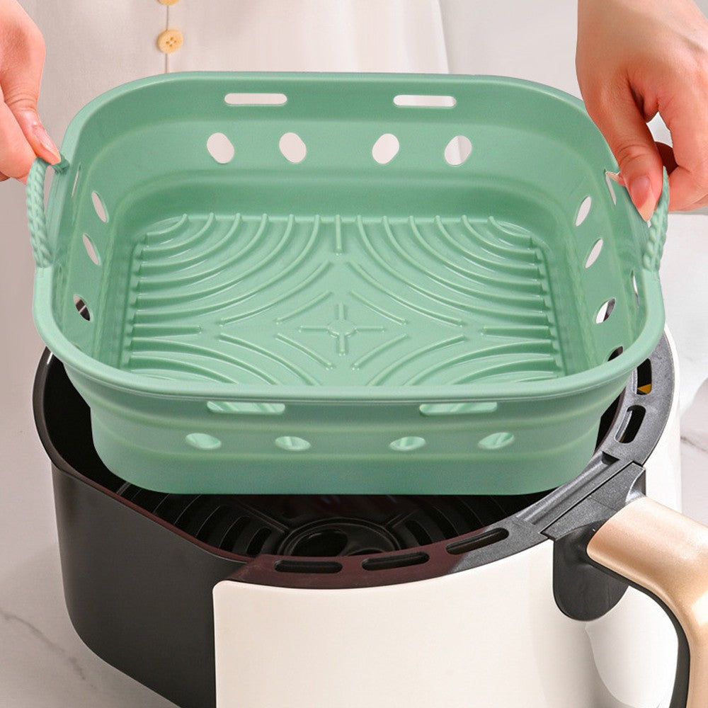 1Pc Square Foldable Air Fryer Silicone Pot Reusable Air Fryer Liner Oven Baking Tray Pan - Green