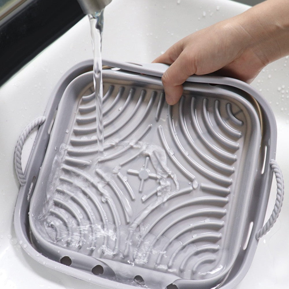 1Pc Square Foldable Air Fryer Silicone Pot Reusable Air Fryer Liner Oven Baking Tray Pan - Grey