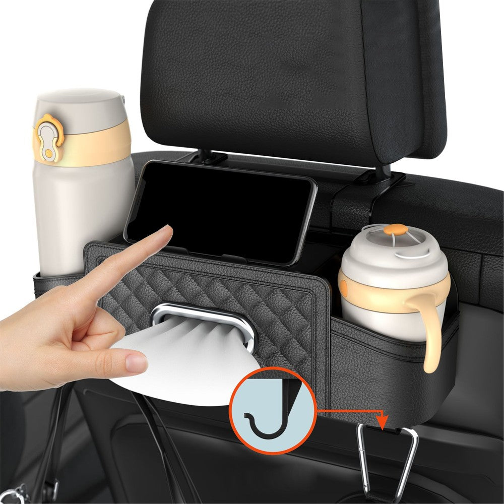 Car Backseat Organizer with Tissue Box Multi-functional Storage Box - Black