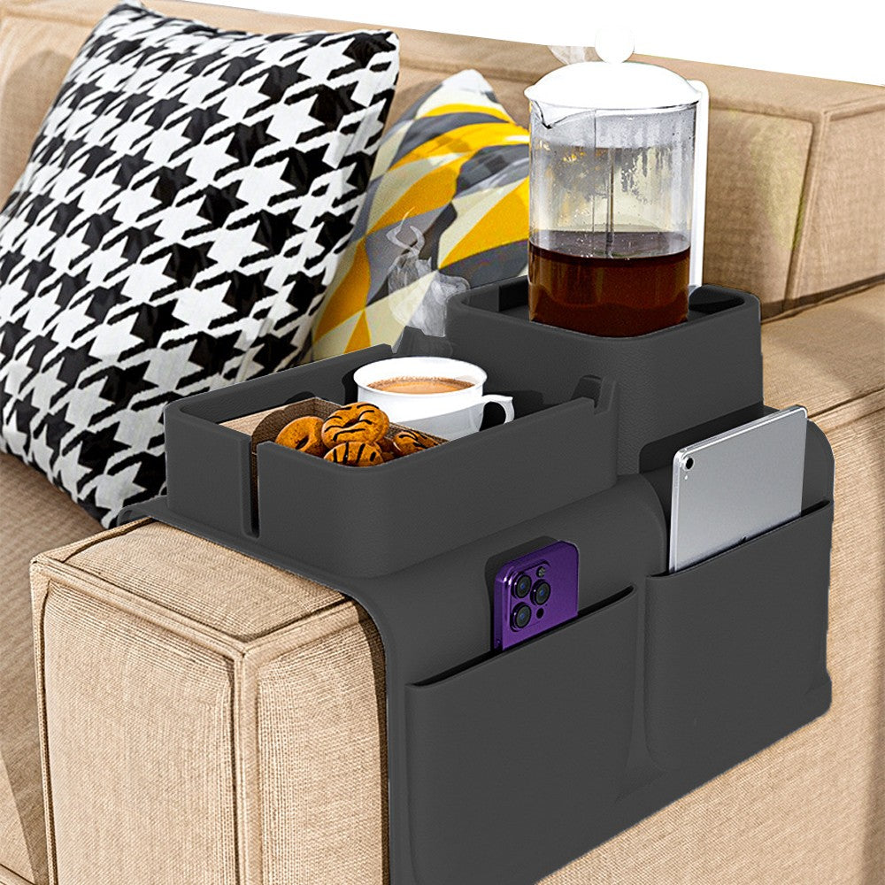 Couch Cup Holder Tray Silicone Sofa Armrest Tray with Side Pockets - Black