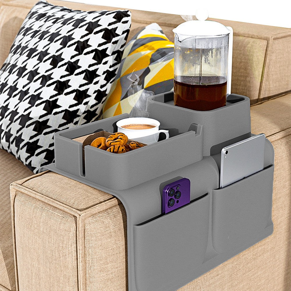 Couch Cup Holder Tray Silicone Sofa Armrest Tray with Side Pockets - Grey