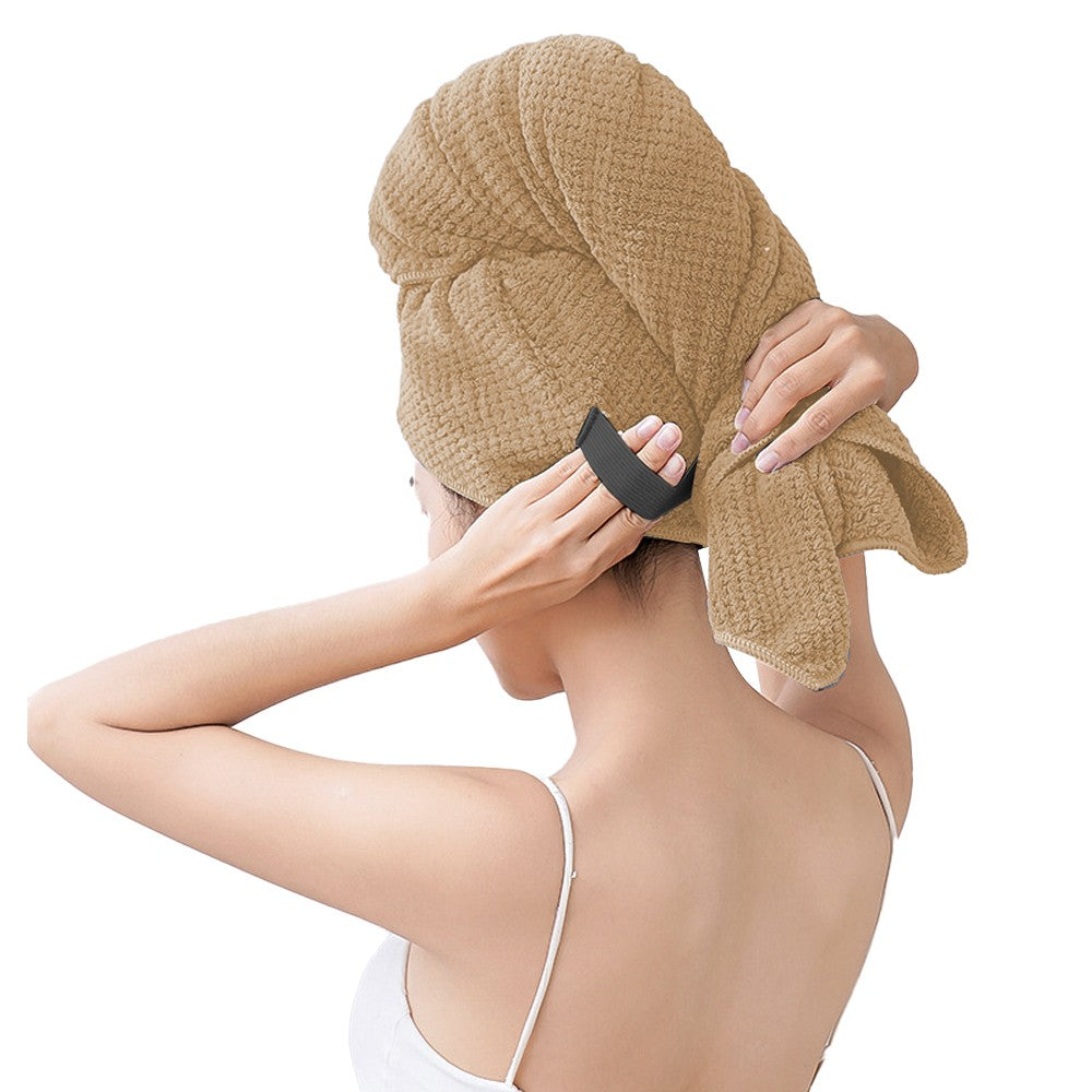 Microfiber Hair Towel Wrap Hair Drying Towel Turbans with Elastic Strap - Khaki