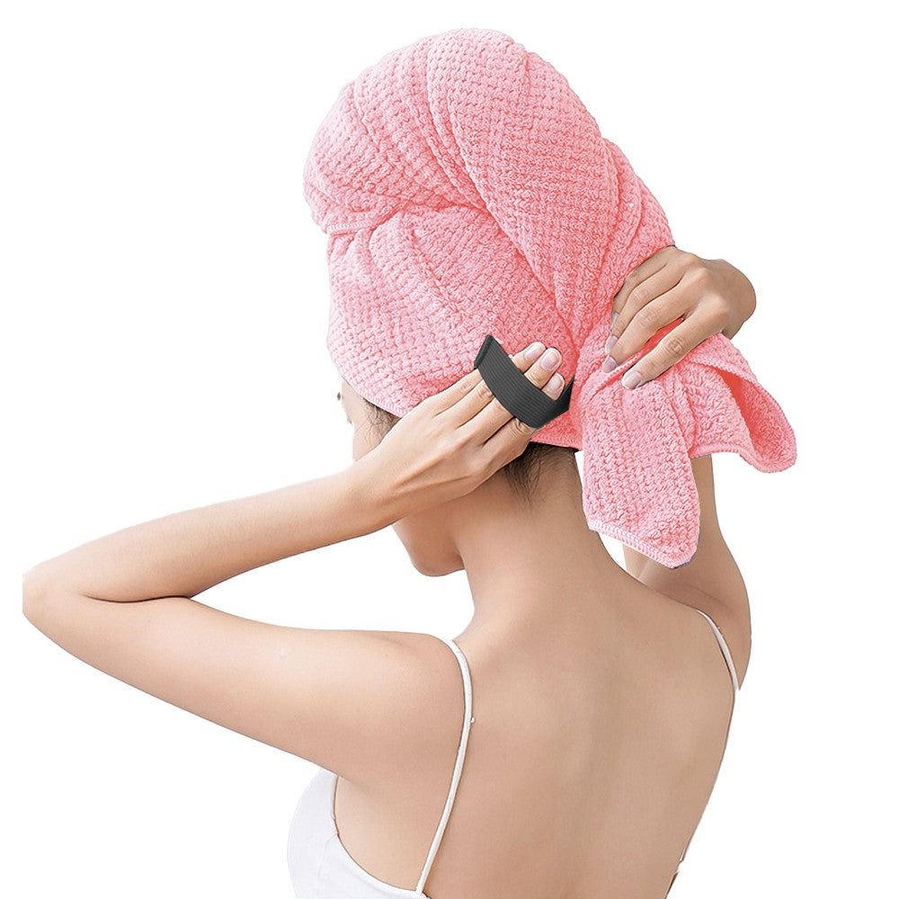 Microfiber Hair Towel Wrap Hair Drying Towel Turbans with Elastic Strap - Pink