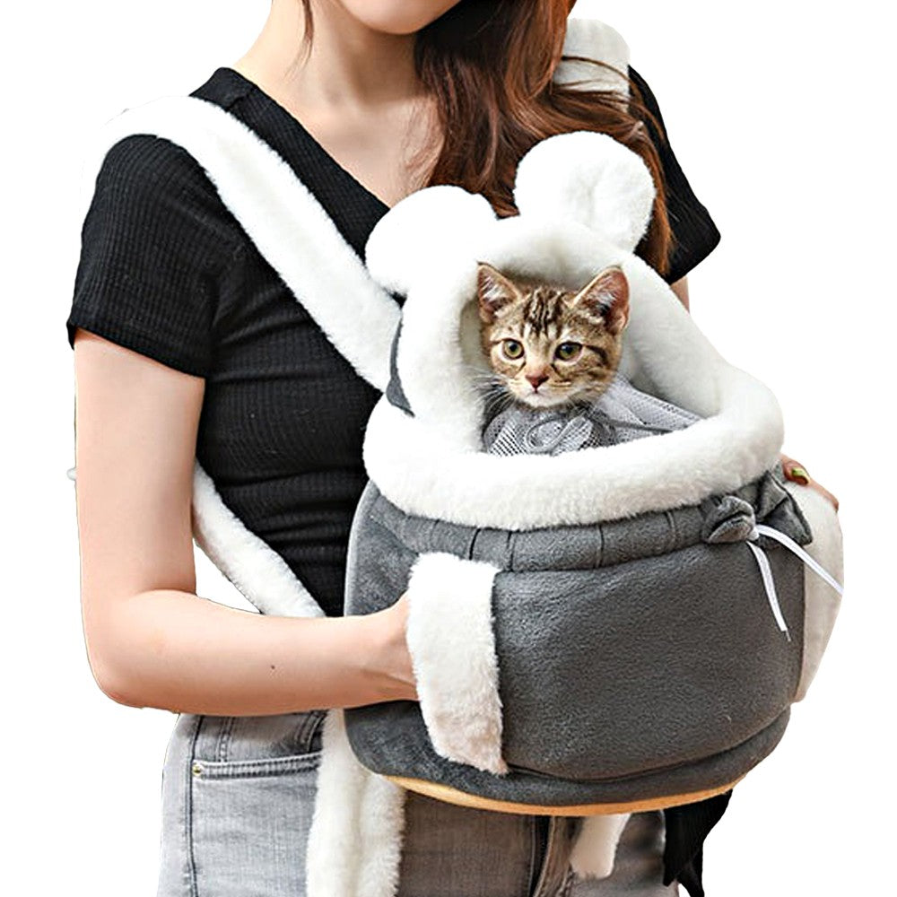 Plush Pet Carrier Backpack Pet Warm Bag with Hand Warmer Pocket - Grey - M