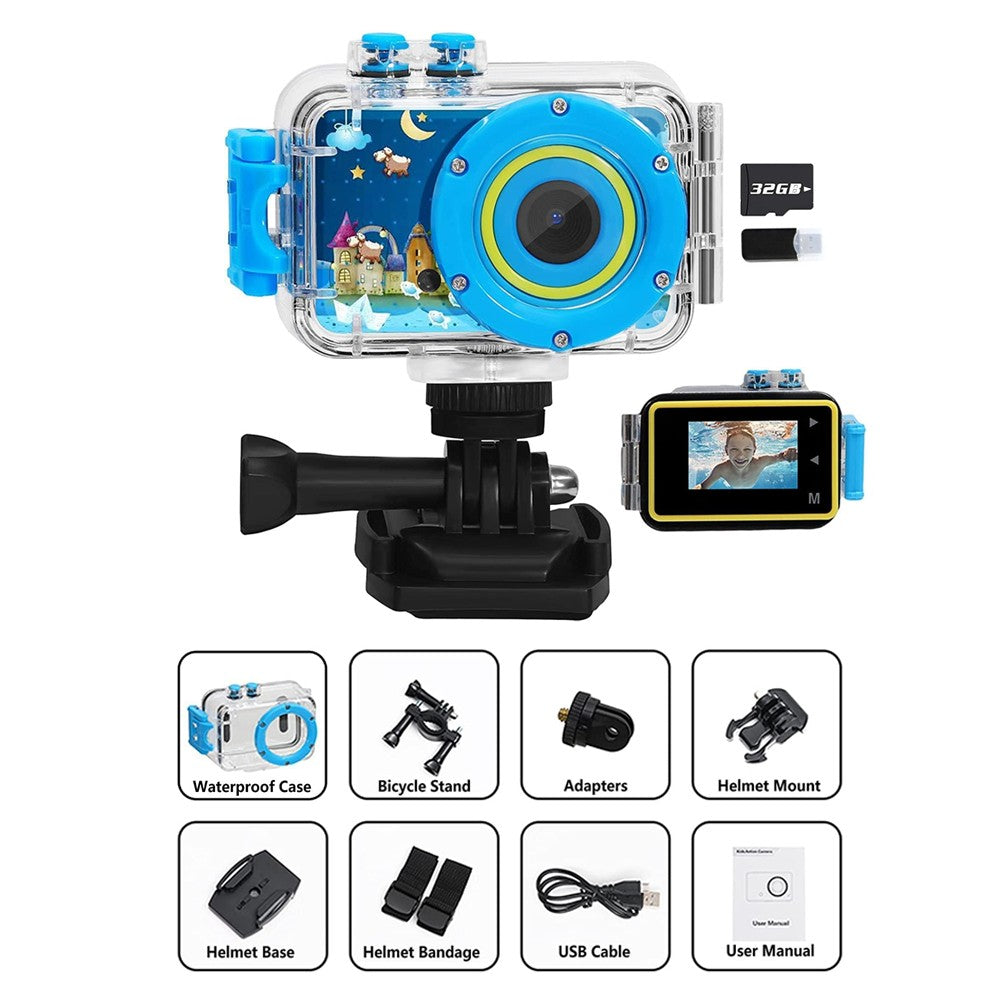1080P HD Kids Sports Camera with Waterproof Case and 32GB Memory Card - Blue