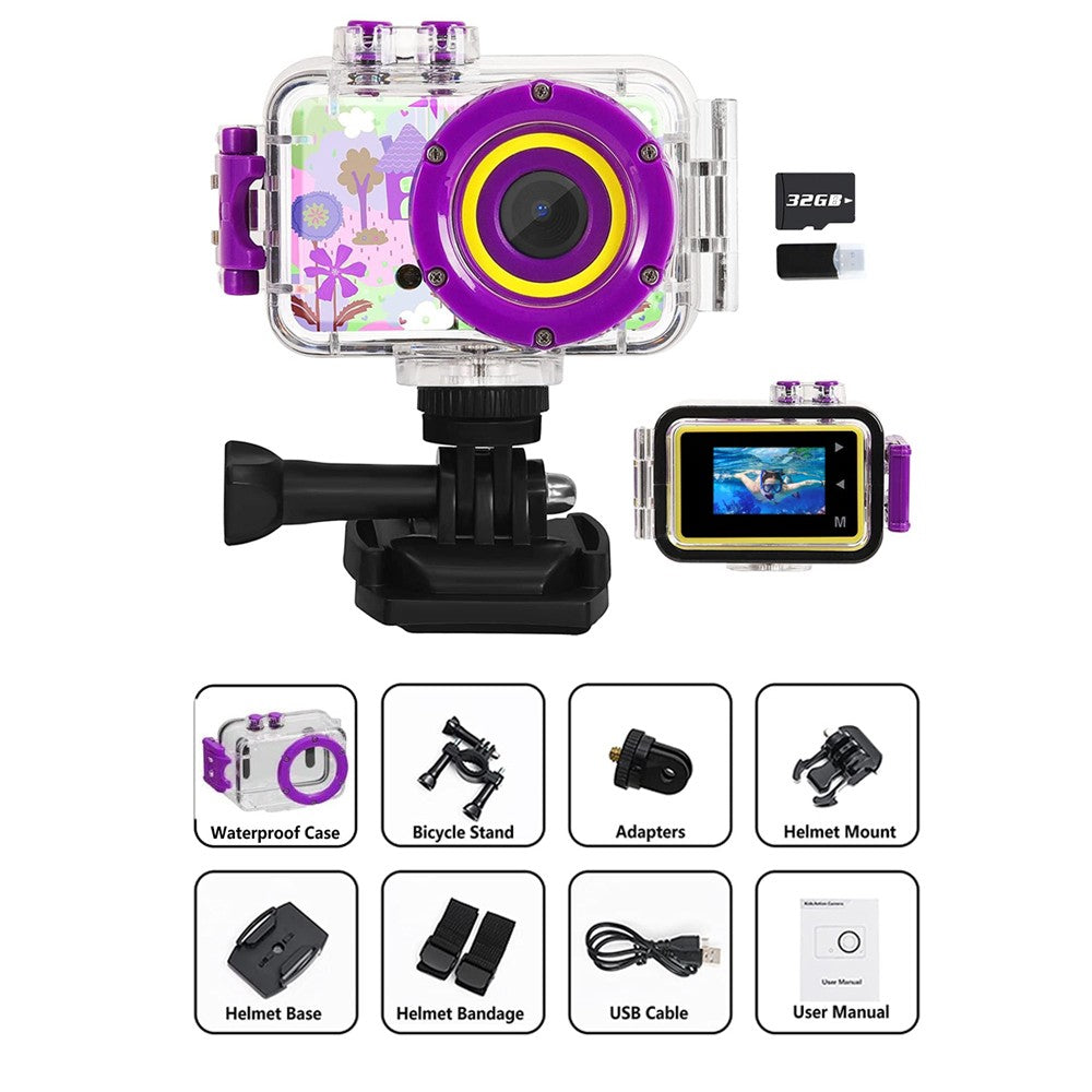 1080P HD Kids Sports Camera with Waterproof Case and 32GB Memory Card - Purple