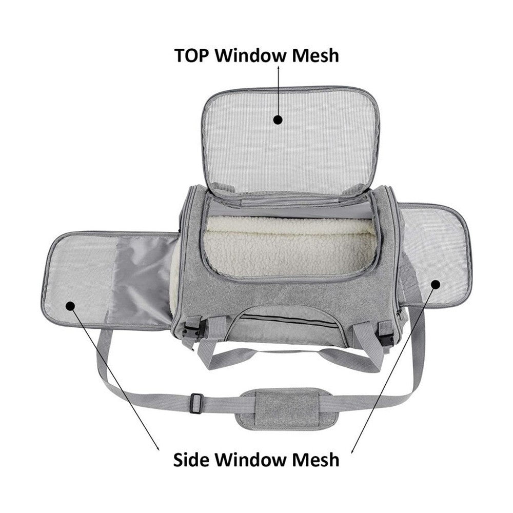 Pet Carrier Bag with Plush Mat Cat Dog Soft Crate Cage Shoulder Soft Carry Bag Grey