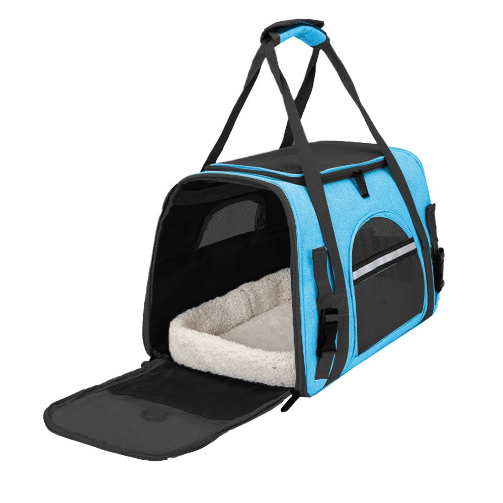 Pet Carrier Bag with Plush Mat Cat Dog Soft Crate Cage Shoulder Soft Carry Bag Blue