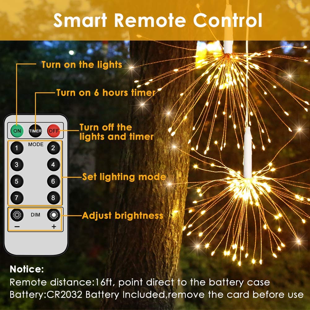 2 Pack 120 Bright Remote Control Explosion Star LED Fireworks Light Warm White