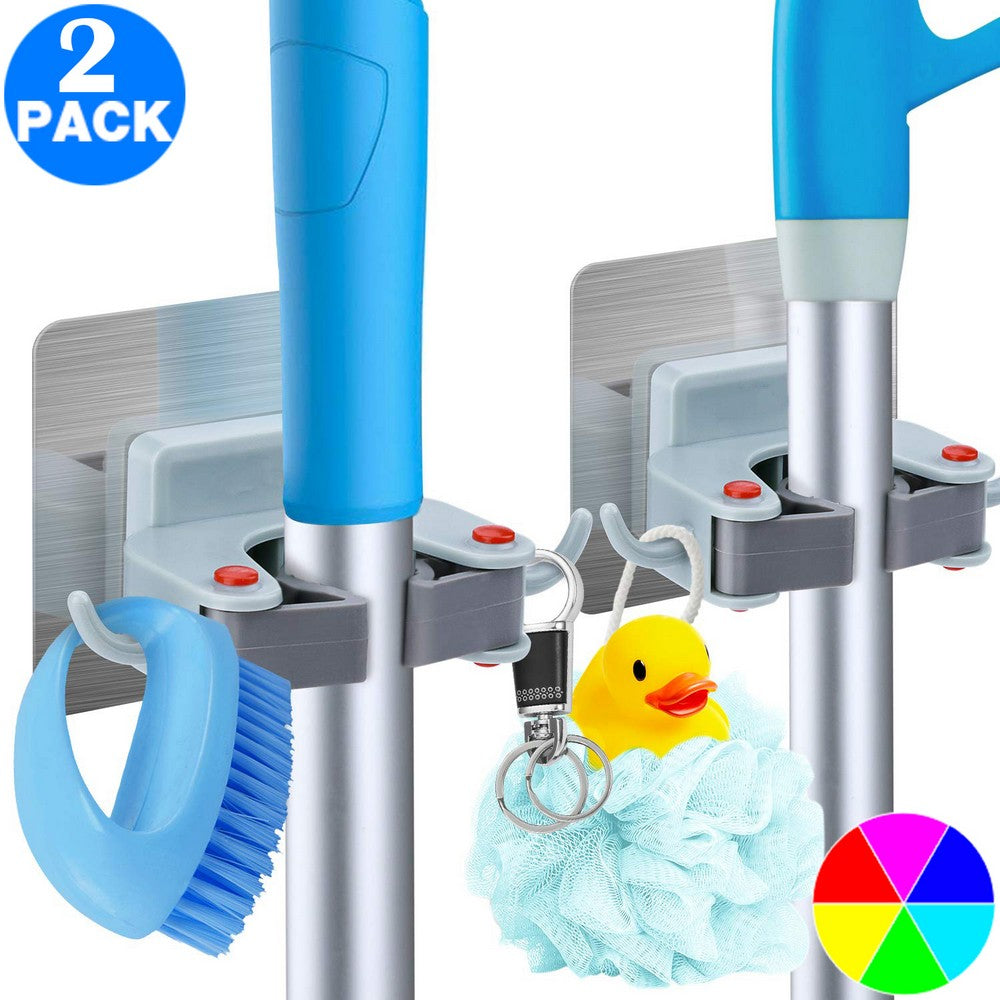 2 Pack Drill Free Mop Broom Wall Holder with Hooks Same Colour