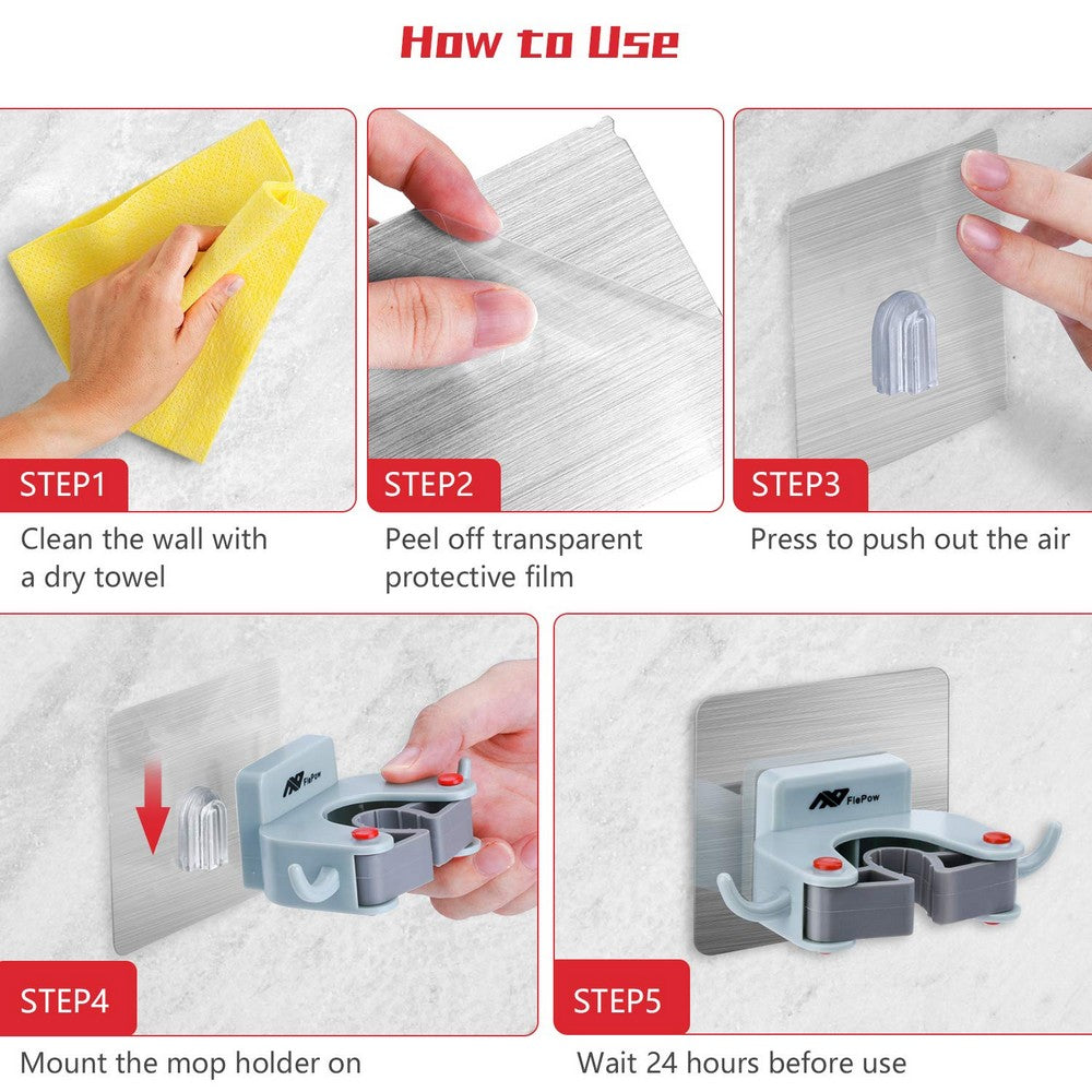 4 Pack Drill Free Mop Broom Wall Holder with Hooks 4 Colours