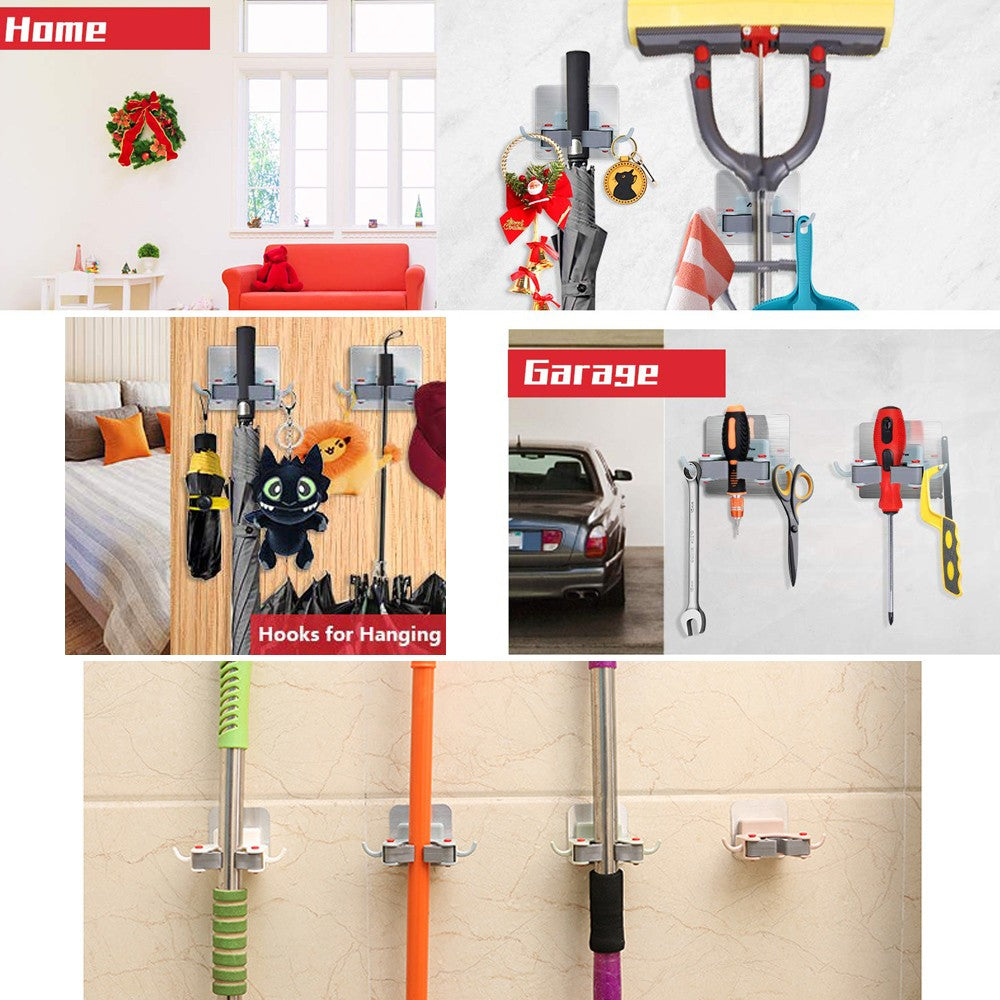 4 Pack Drill Free Mop Broom Wall Holder with Hooks 4 Colours