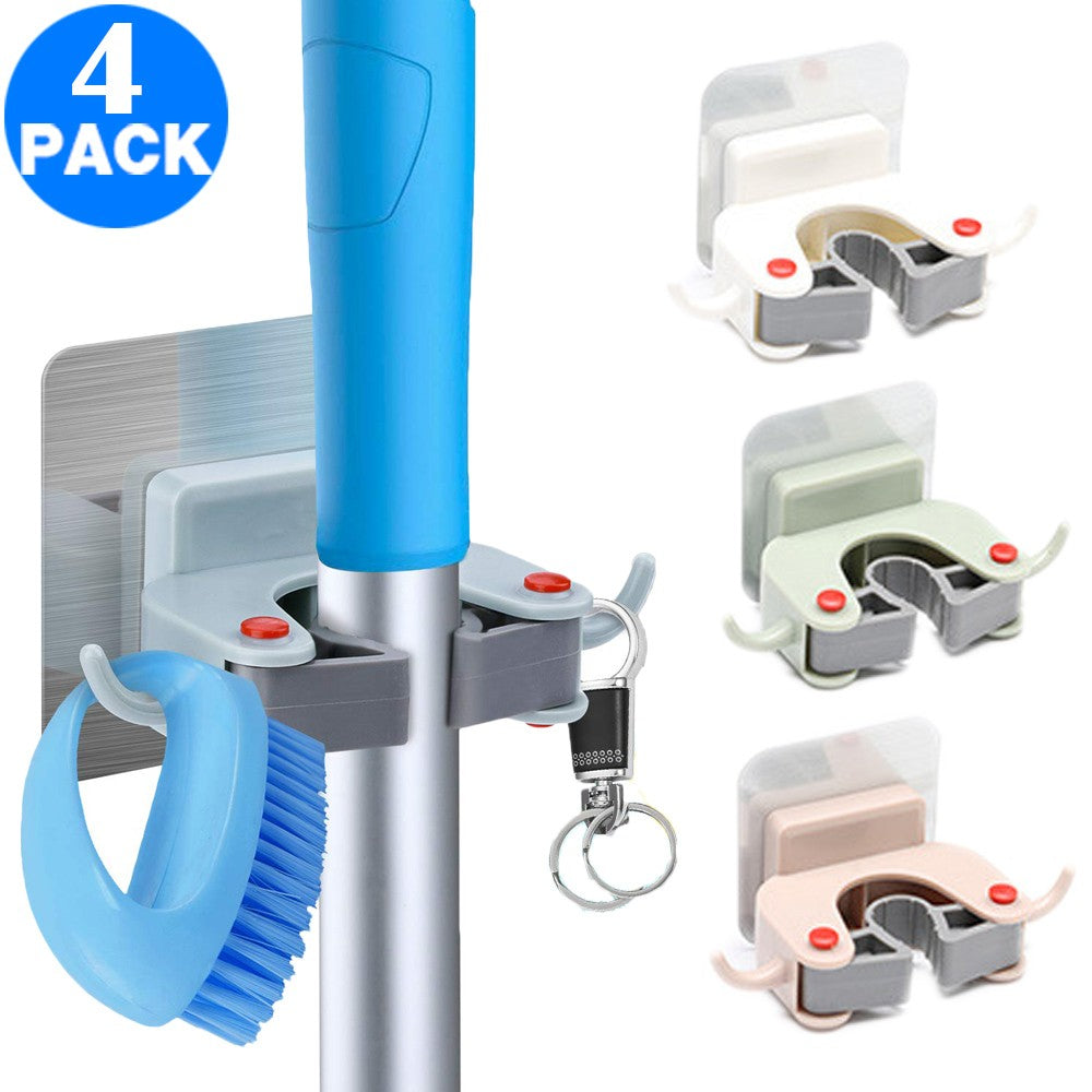 4 Pack Drill Free Mop Broom Wall Holder with Hooks 4 Colours