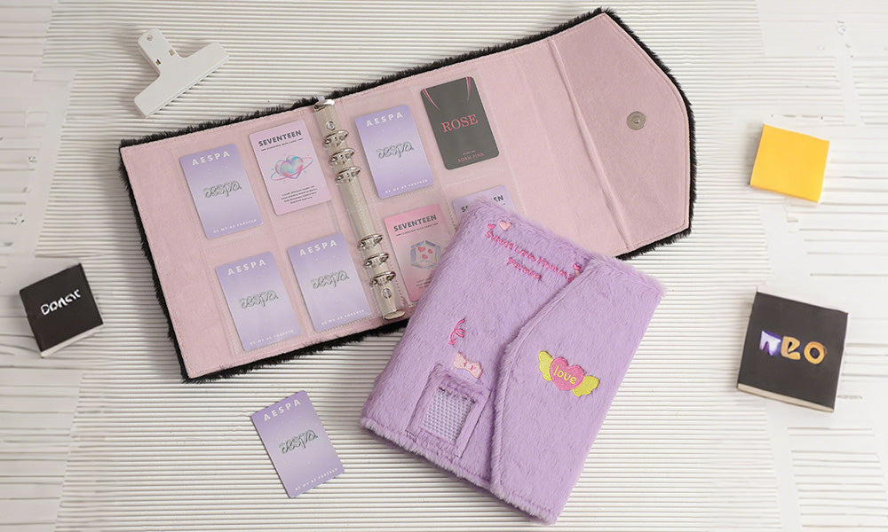 A5 Fluffy Embroidered 6-Ring Snap Closure Photo Album with 4-Pocket Card Pages