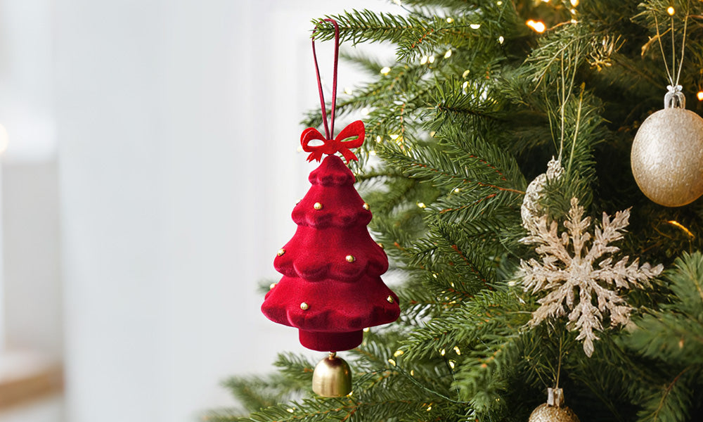 3PCS Flocked Christmas Tree Hanging Ornaments with Bell Pendants