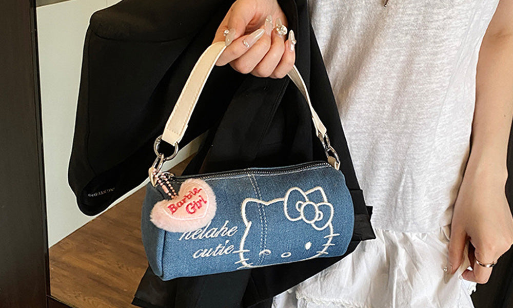 Cute Cylinder Handbag for Women Denim Bag with Top Handle