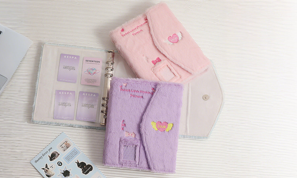 A5 Fluffy Embroidered 6-Ring Snap Closure Photo Album with 4-Pocket Card Pages