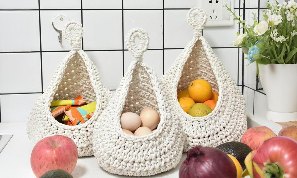 3Pcs Hanging Storage Basket Cotton Rope Vegetable Fruit Wall Organizer