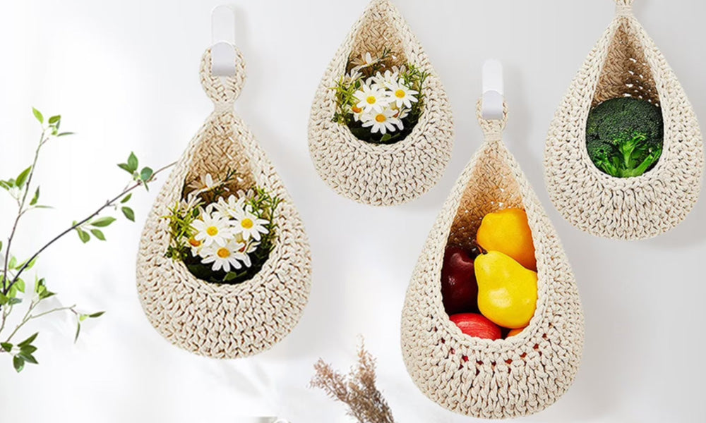 3Pcs Hanging Storage Basket Cotton Rope Vegetable Fruit Wall Organizer