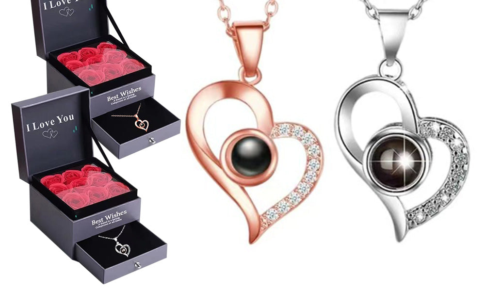 100 Languages Projection I Love You Necklace and Storage Box Set Heart Pendant Necklace with 9Pcs Preserved Rose