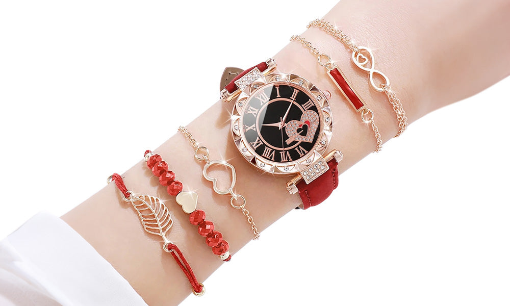 Women Quartz Watch and Beaded Bracelet Set Fashion Wristwatch Jewelry Gift Set