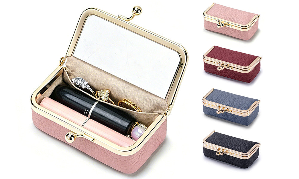 Genuine Leather Lipstick Pouch with Mirror Kiss Lock and Compartments