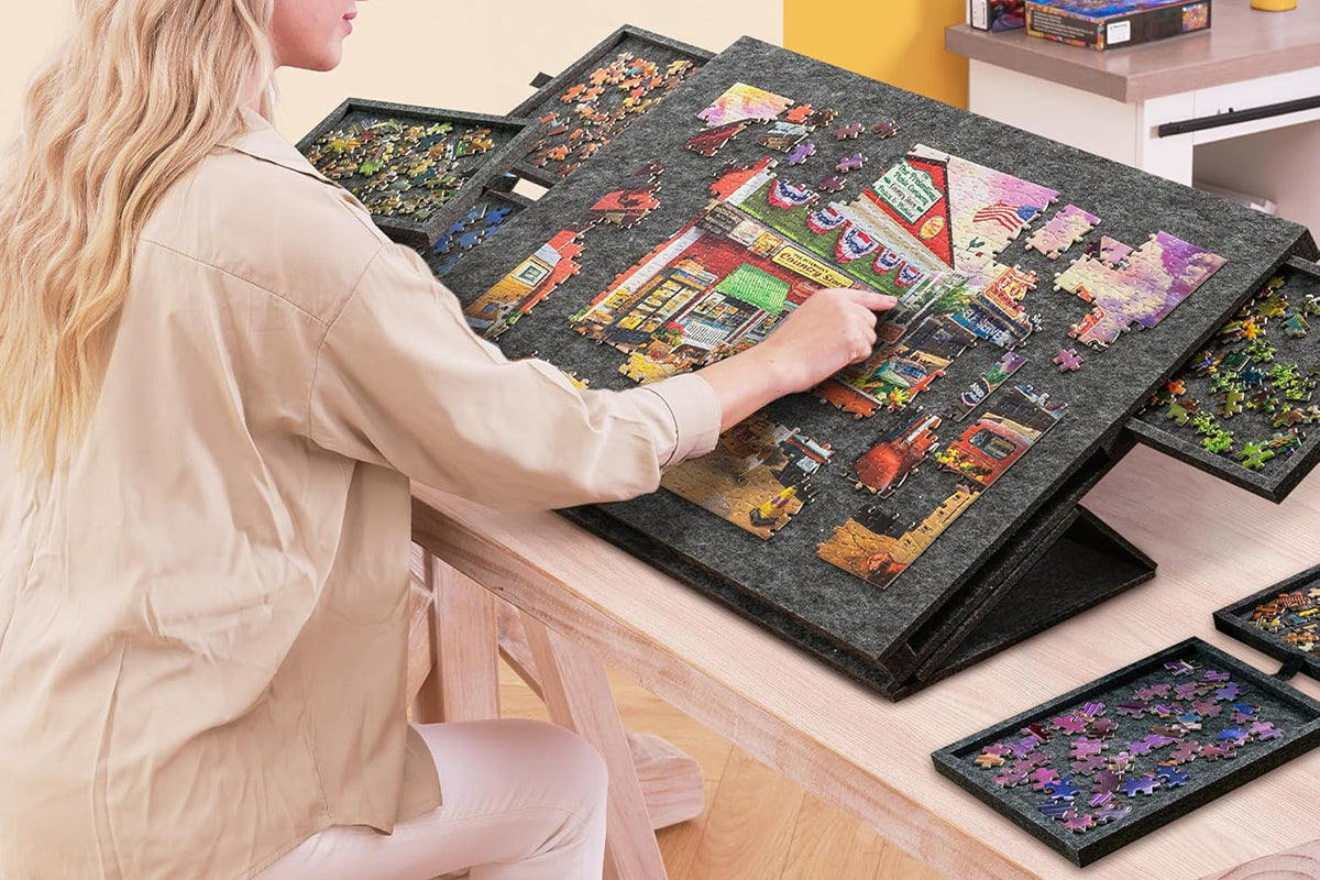 Puzzle Board with 6 Sliding Drawers Foldable Felt Puzzle Table Up to 1000 Pieces