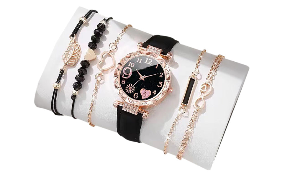 Women Quartz Watch and Beaded Bracelet Set Fashion Wristwatch Jewelry Gift Set