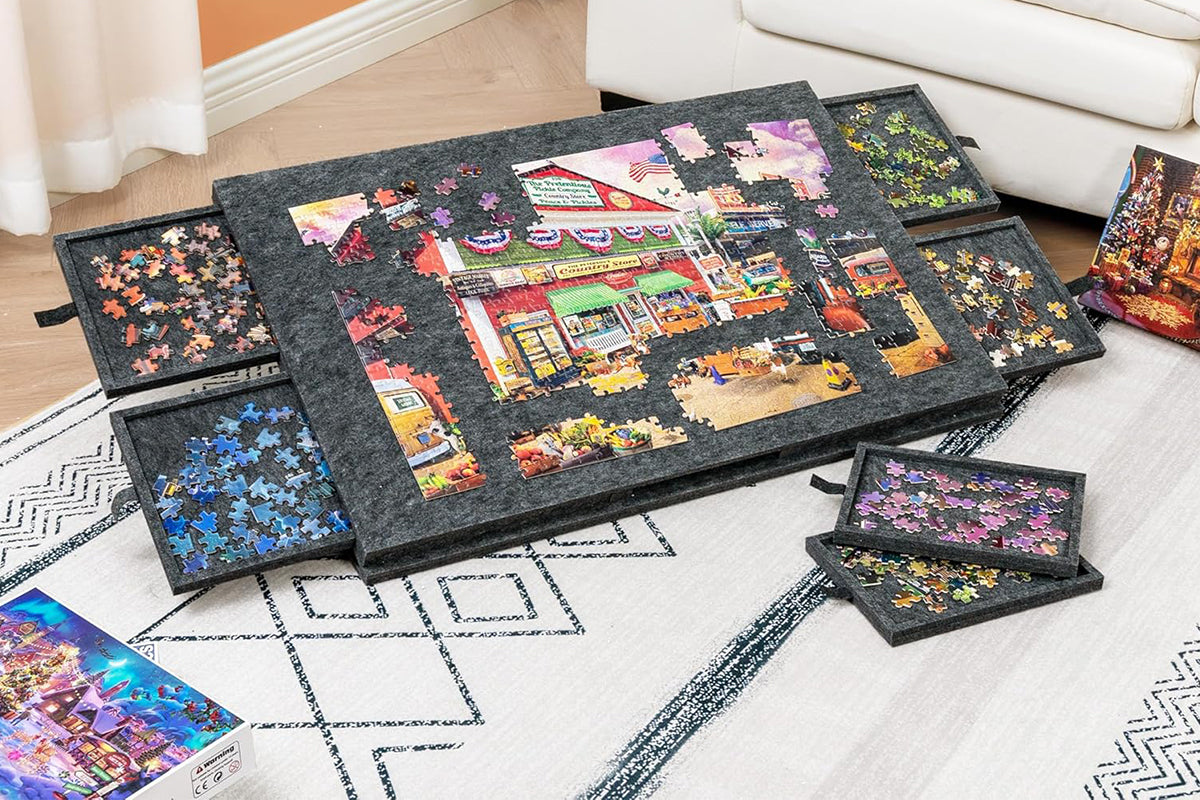 Puzzle Board with 6 Sliding Drawers Foldable Felt Puzzle Table Up to 1000 Pieces