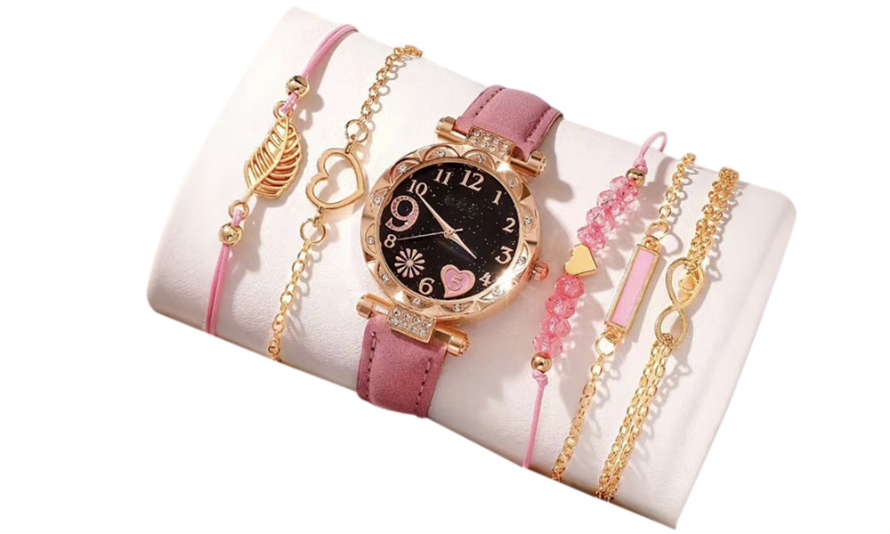 Women Quartz Watch and Beaded Bracelet Set Fashion Wristwatch Jewelry Gift Set