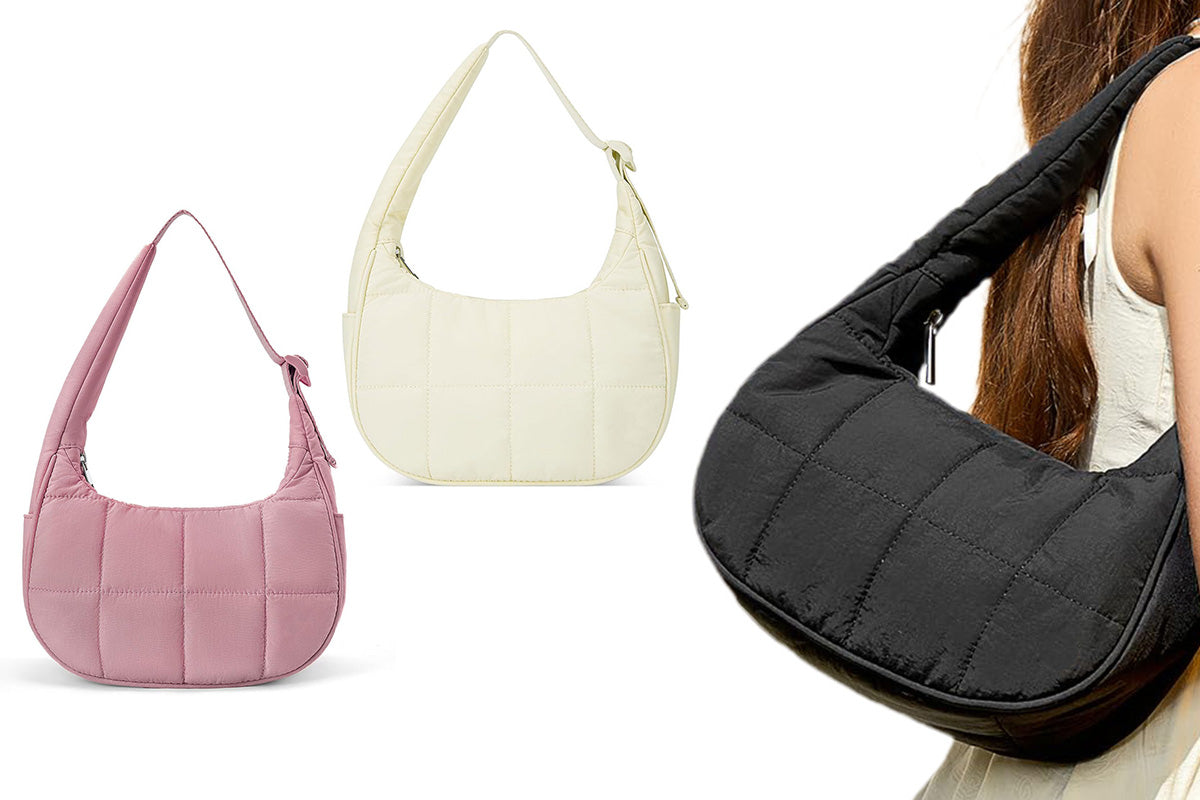 Small Puffer Crescent Shoulder Bag for Women Nylon Quilted Handbag with Adjustable Strap