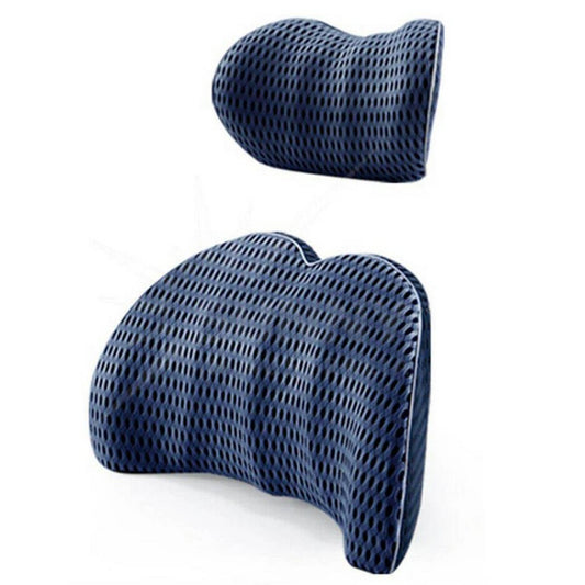 2Pcs Car Seat Memory Foam Lumbar Back Pillow Neck Pillow Blue