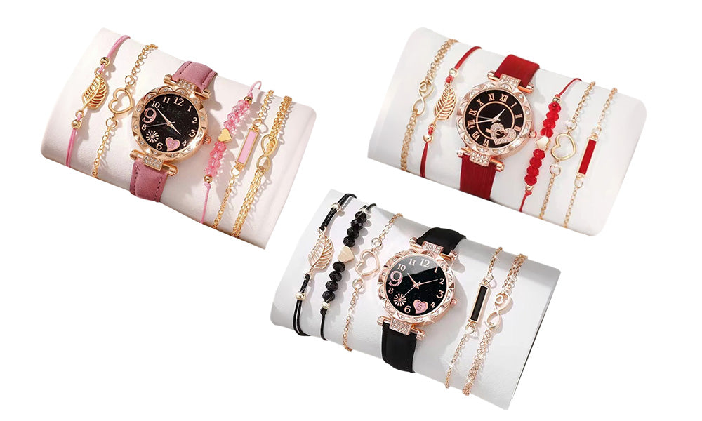 Women Quartz Watch and Beaded Bracelet Set Fashion Wristwatch Jewelry Gift Set