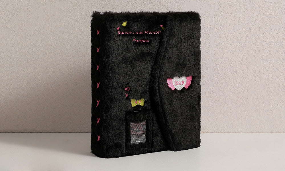A5 Fluffy Embroidered 6-Ring Snap Closure Photo Album with 4-Pocket Card Pages