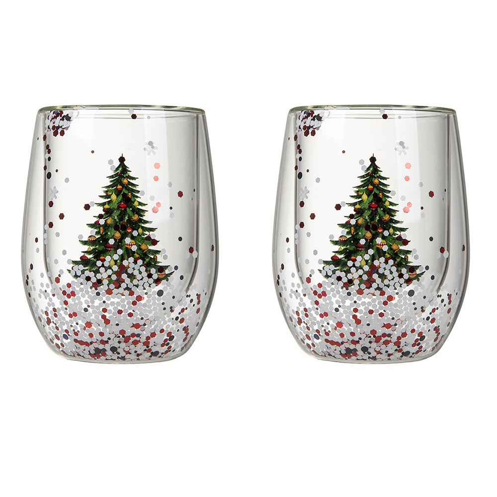 2Pcs 300ml Christmas Tree Double-Wall Coffee Glass Cups