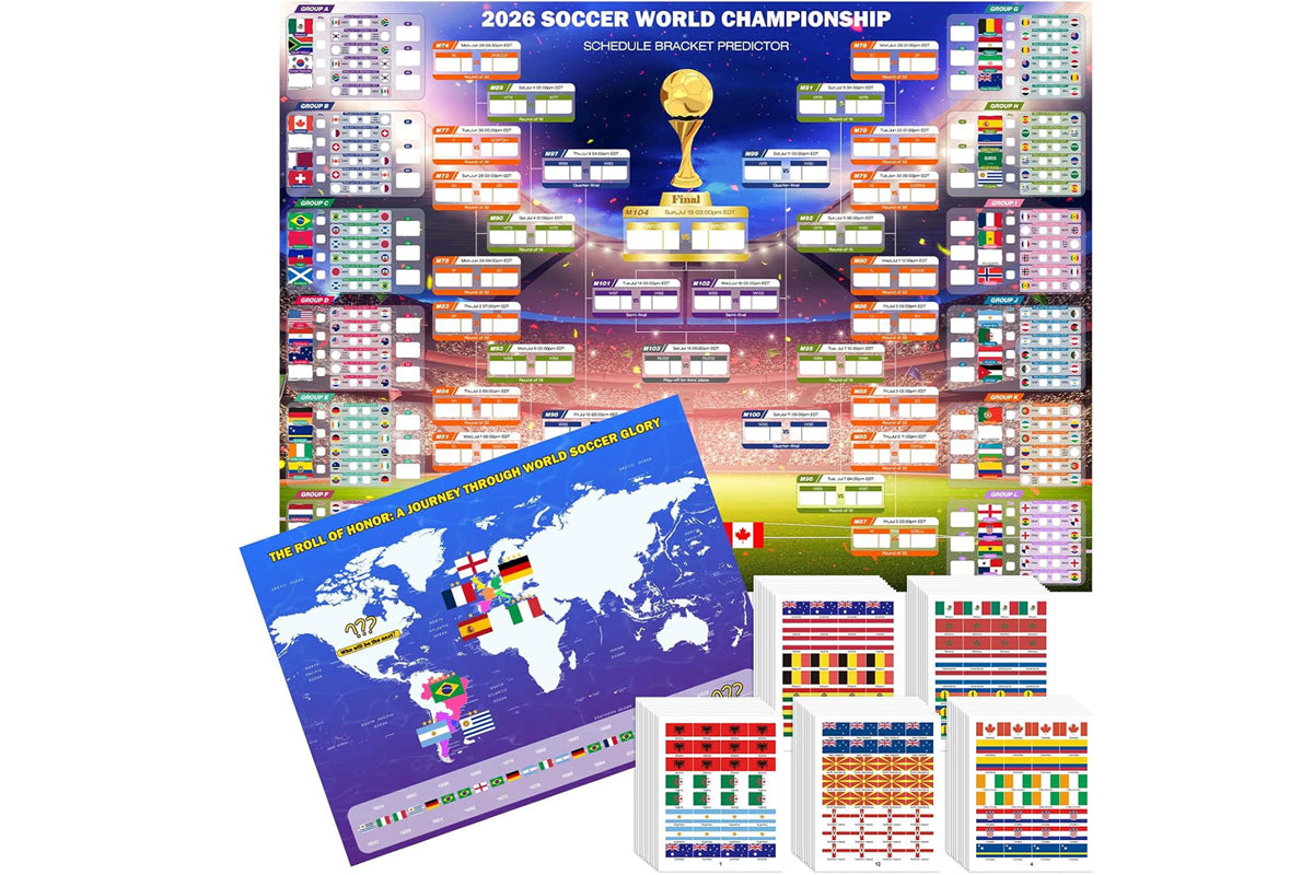 World Cup 2026 Soccer Poster with 600 Team Stickers Match Schedule Chart for Fans