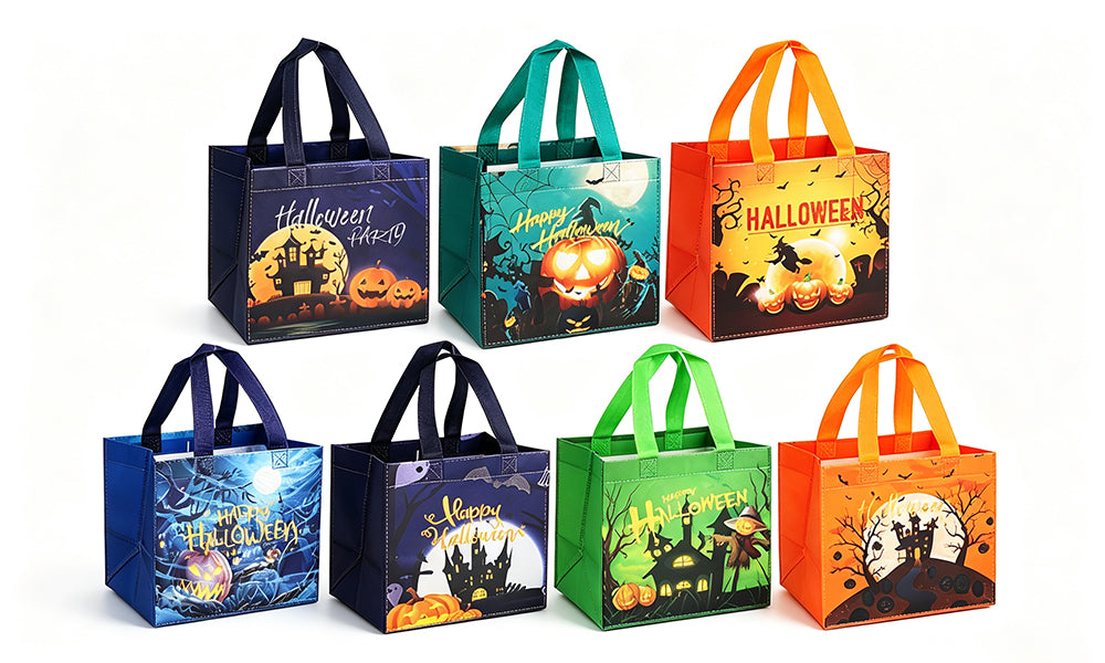 7 PCS Nonwoven Halloween Tote Bags with Double Sided Printed Designs